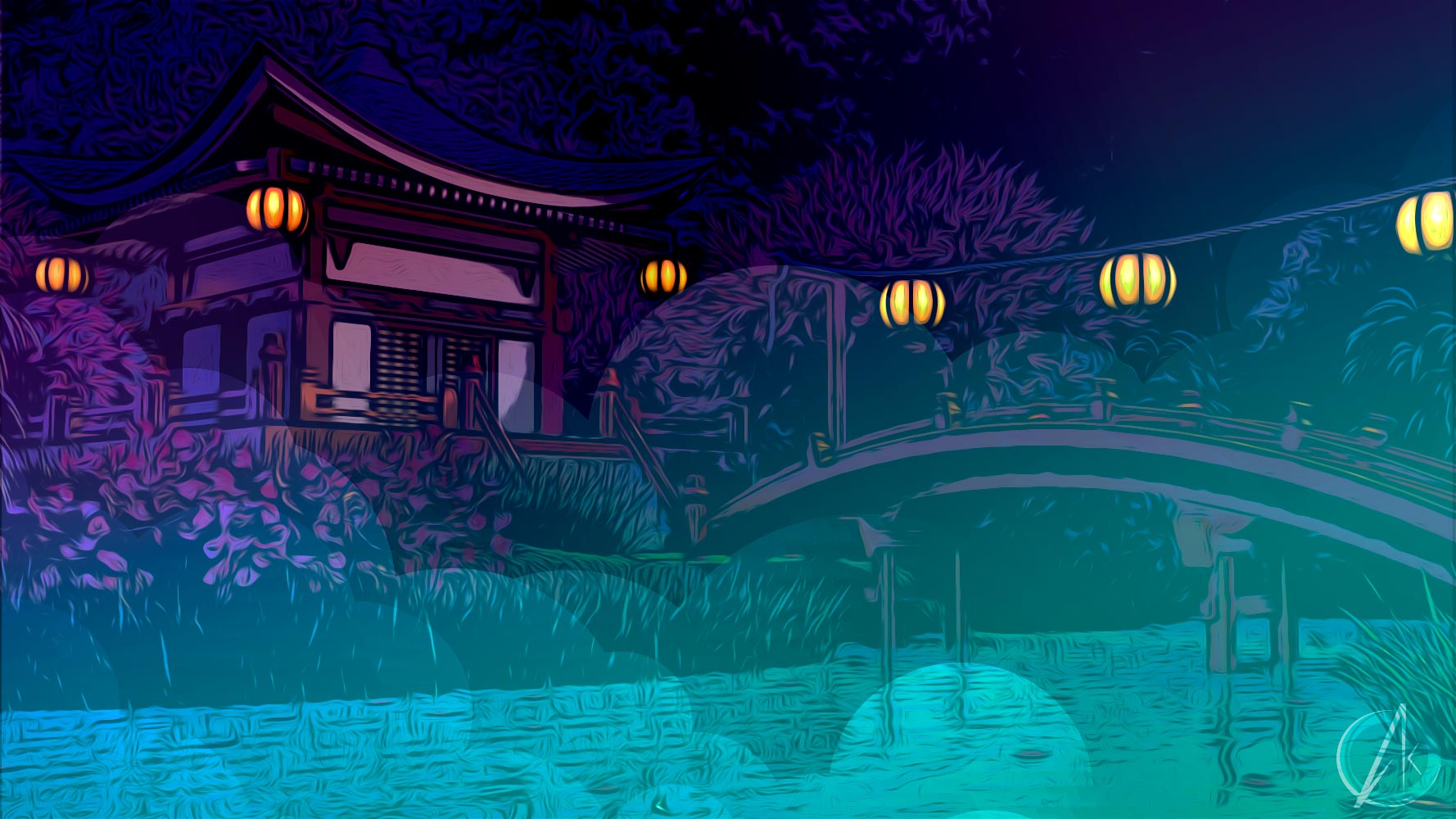 Fond type manga avec temple et pont