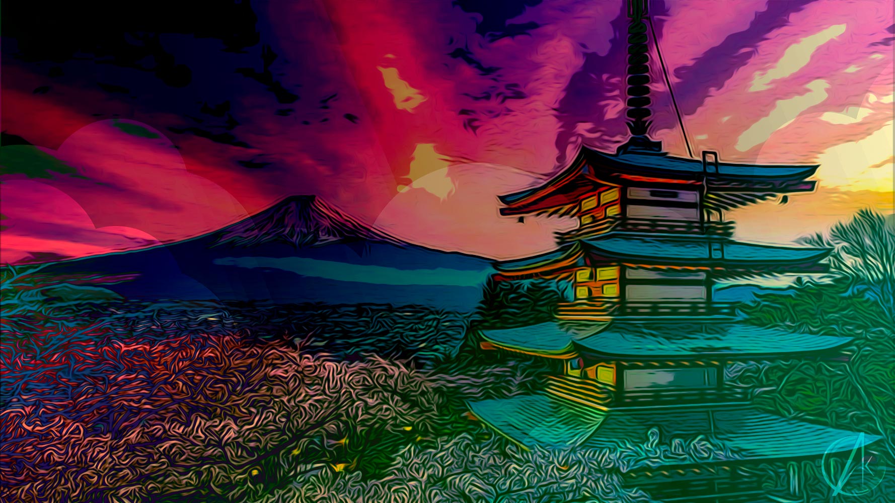 Fond type manga avec temple et mont Fuji